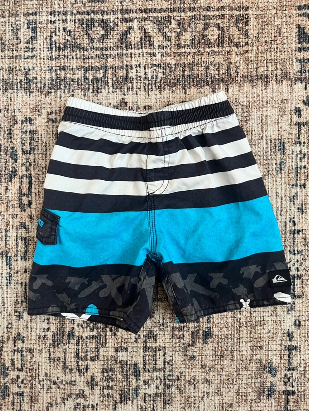 Quiksilver Boys' Black White and Blue Striped Swim Shorts
